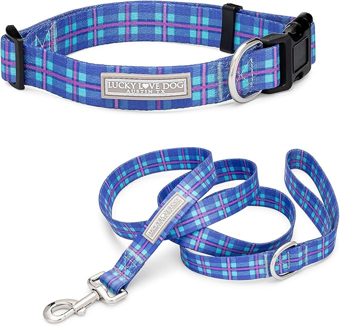 Lucky Love Dog, Blue and Violet Plaid Dog Collar and Leash Set, Adjustable & Comfy Combo Set for Boy and Girl Dogs - (Large, Scotty Combo)