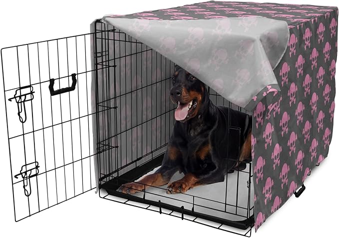 Lunarable Skull Dog Crate Cover, Vivid Pirate on Pale Background Head of a Skeleton and Bones Halloween Themed, Easy to Use Pet Kennel Cover for Medium Large Dogs, 42 Inch, Pink Taupe