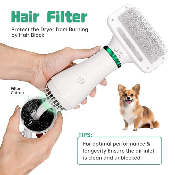 Pet Hair Dryer, 2-in-1 Dog Hair Brush Dryer With Slicker Brush, 300W Pet Grooming Dryer for Small and Medium-Sized Dogs and Cats, Portable ＆ Adjustable Temperature