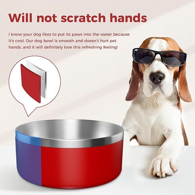 Dog Bowl, Stainless Steel Dog Food and Water Bowl with Non Slip Quiet Bottom, Easy to Clean, Dishwasher Safe, 64oz, Red