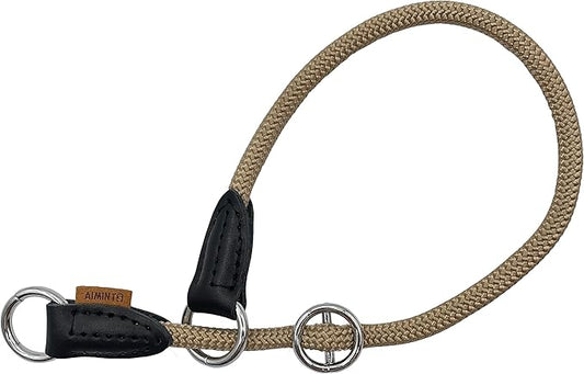 Braided Rope Collar, Pro Training Dog Collar, No Pull Round Martingale Collar, Slip Collar with Slidable Stop Ring - Ideal for Small Dogs (S (1/3") - 16" Long, Khaki)