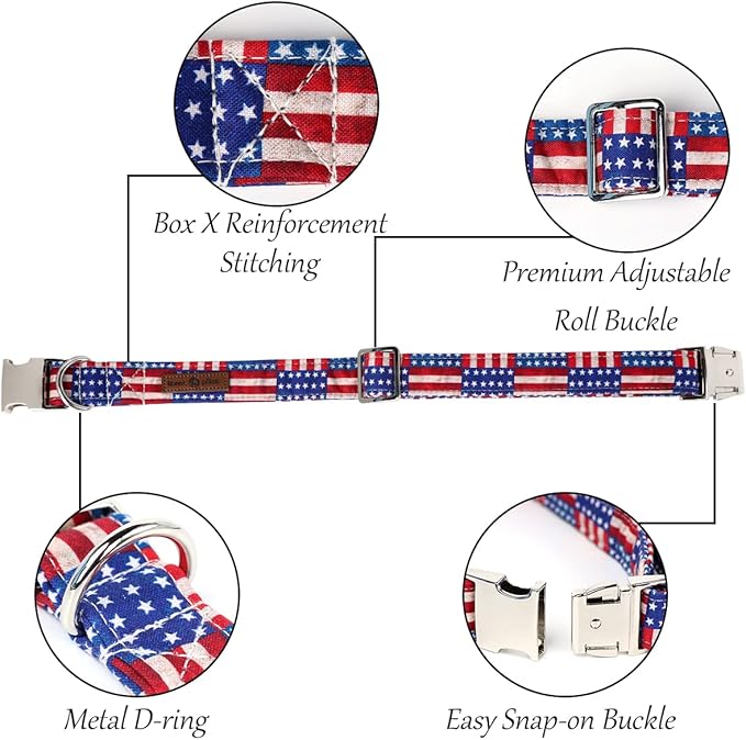 Lionet Paws Patriotic Female Dog Collar with Flower, 4th of July, Soft and Comfortable Adjustable American Flag Collar for Dogs, Medium, Neck 13.5-22 inches