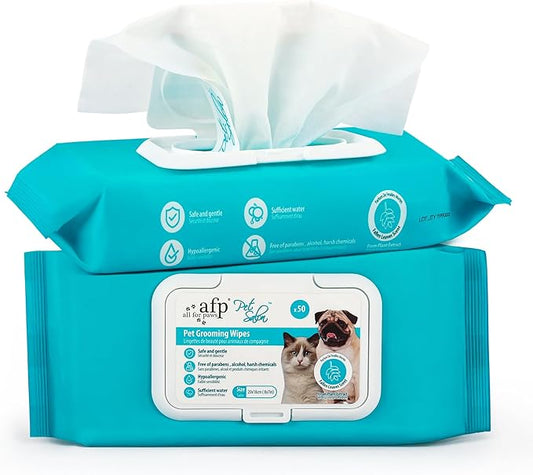 ALL FOR PAWS Natural Dog Grooming Wipes, 7 x 8 inches, 50 Count*2, Olive Oil & Coconut Extract, Larch Scent