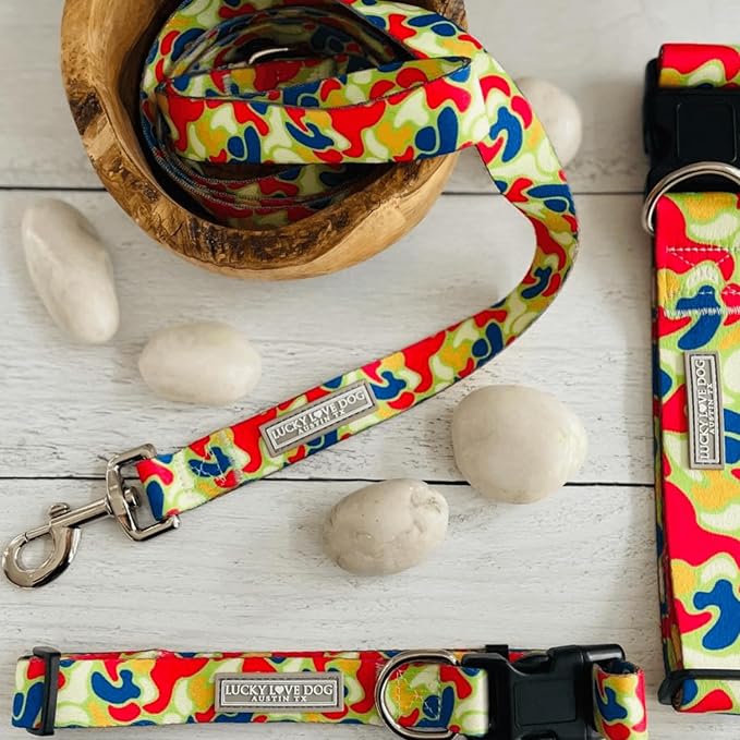 Lucky Love Dog Patterned Dog Collar & Leash - Adjustable, Durable, Soft Webbing, & Comfortable Dog Collar & Leash Set for Male and Female Dogs - in Oscar Pattern with Strong Buckle, Large Size