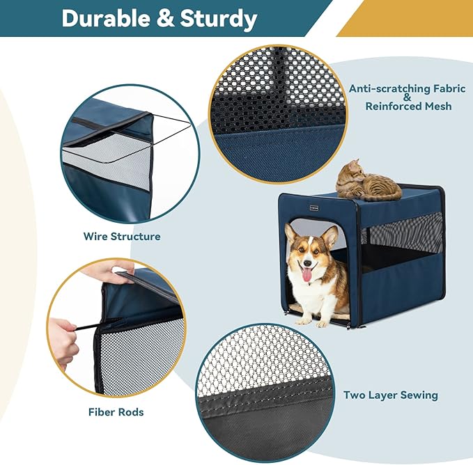 PETSFIT Soft Sided Dog Crate, Portable Dog Crate - 24 Inch with Thicken Mat, Easy to Fold, Sturdy and Portable, Perfect for Traveling, Collapsible Dog Kennel Navy Blue