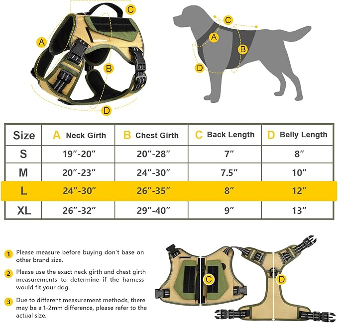 WINGOIN Tactical Dog Harness for Large Dogs, No Pull Harness with Handle 2 Pockets Poop Bag, Reflective Dog Vest, Military Service Heavy Duty Big Dog Harness for Walking Hiking Training, Khaki, L