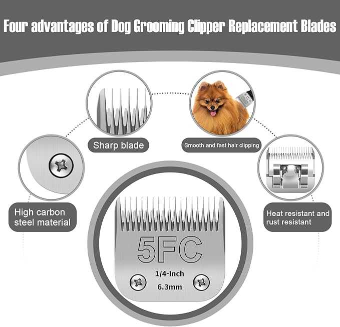 5FC Detachable Pet Clipper Replacement Blades Compatible with Andis/Oster A5/Wahl KM10 Series Dog Clipper,Made of Ceramic Blade & Stainless Steel Blade,Size 5FC Cut Length 1/4-Inch（2 Pack）