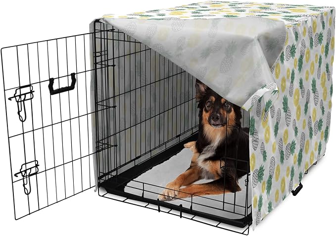 Lunarable Pineapple Dog Crate Cover, Doodle Style Whole and Sliced Pieces, Easy to Use Pet Kennel Cover for Medium Large Dogs, 36 Inch, White Yellow Jade Green