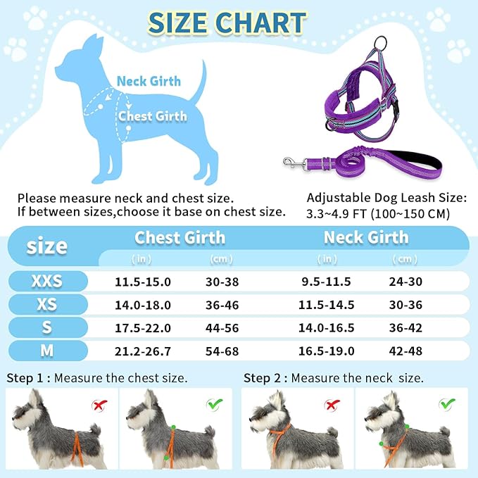 SlowTon No Pull Small Dog Harness and Leash Set, Puppy Soft Vest Harness Neck & Chest Adjustable, Reflective Lightweight Harness & Anti-Twist Pet Lead Combo for Small Medium Dogs (PU-Front Clip, XS)