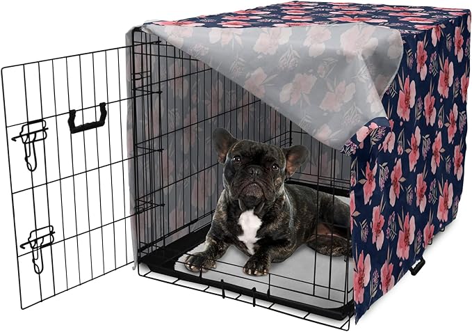 Ambesonne Watercolor Dog Crate Cover, Nature Inspired Composition with Pink Garden Flora Vintage Petals, Easy to Use Pet Kennel Cover for Cats & Medium Dogs, 30 Inch, Navy Blue Coral