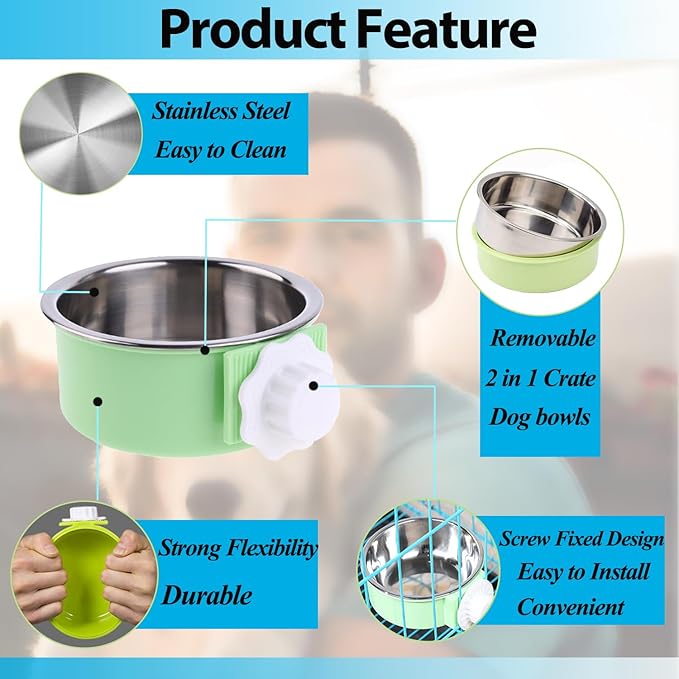 2 Pieces Crate Dog Bowl, Removable Stainless Steel Pet Kennel Hanging Food Water Feeder Bowl Cage Coop Cup for Puppy Medium Dog Cat Rabbit Ferret Bird (Blue,Green)