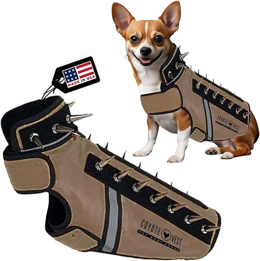 CoyoteVest SpikeVest Dog Harness Vest for Small Dogs, Reflective Dog Vest with Spikes to Shield Your pet from Coyotes, Raptor and Animal Attacks, Anti Hawk Vest, Made in USA (XXS-Texas Tan)