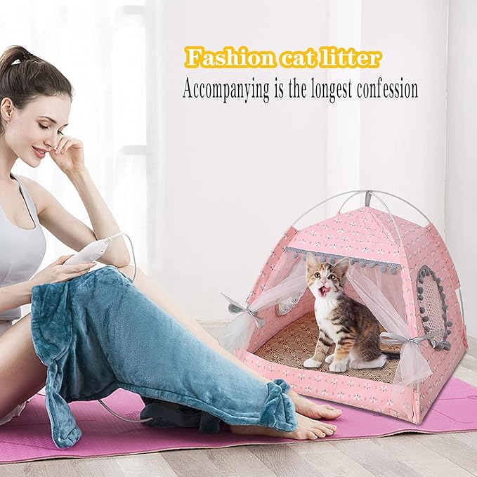 Gigreinc Cat Princess Indoor Tent House Pet Dog Cute Floral Cave Nest Bed Portable Dog Tents (M:38x38x36cm/15x15x14inch, Floral Pink)