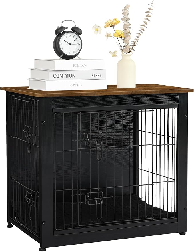 DWANTON Dog Crate Furniture with Cushion, Wooden Dog Crate with Double Doors, Dog Furniture, Dog Kennel Indoor for Small Dog，End Table, 27.2" L, Black+Warm Brown