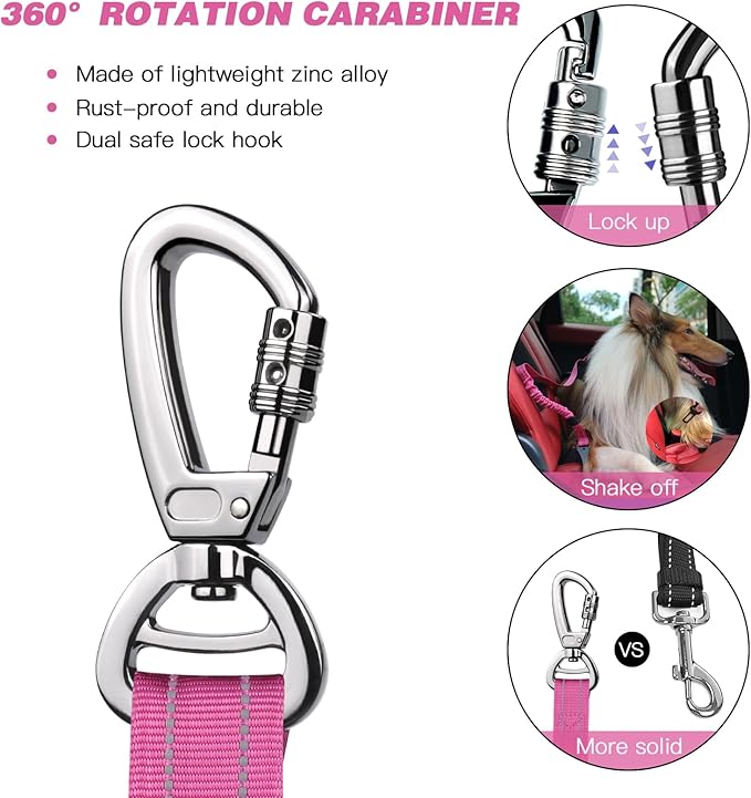 AUBELL Dog Seatbelt, Updated 3-in-1 Pet Car Seat Belt for Dogs, Bungee Dog Car Tether with Clip Hook Latch & Buckle, Heavy Duty Dog Car Harness with Swivel Aluminum Carabiner,Black+Hotpink