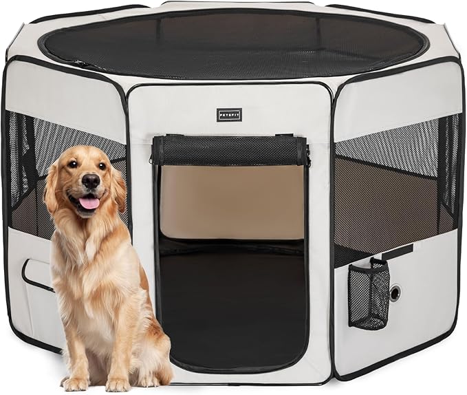 PETSFIT Dog Playpen Indoor/Outdoor,Portable Pet Playpen with Removable Zipper Top,Waterproof Bottom, Foldable Puppy Pen for Cats, Large Breeds (45.5”L x 45.5”W x 28.5”H)
