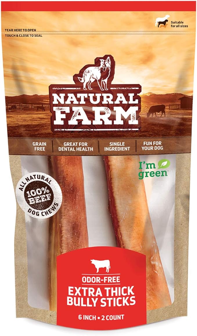 Natural Farm Odor-Free Jumbo Bully Sticks, (6 Inch, 2 Pack), Extra-Thick Chews for Dogs, Fully Digestible 100% Beef Treats, Great for Dental Health, Keep Your Dog Busy with 50% Longer Lasting Chews