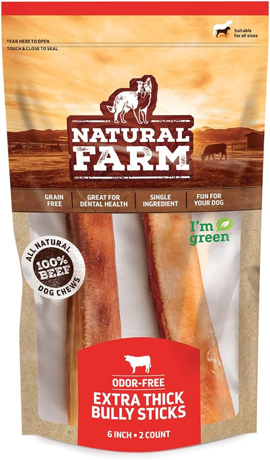 Natural Farm Odor-Free Jumbo Bully Sticks, (6 Inch, 2 Pack), Extra-Thick Chews for Dogs, Fully Digestible 100% Beef Treats, Great for Dental Health, Keep Your Dog Busy with 50% Longer Lasting Chews
