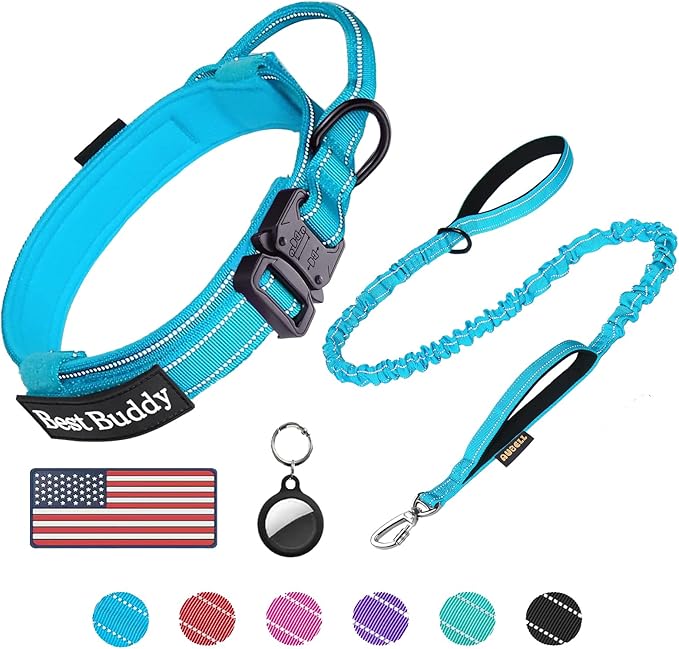 AUBELL Tactical Dog Collar and Leash Set, Adjustable Military Nylon Reflective Dog Leash and Collar with Handle and Heavy Metal Buckle for Medium Large Dogs, with Airtag Holder and 2 Patches(Blue, M)