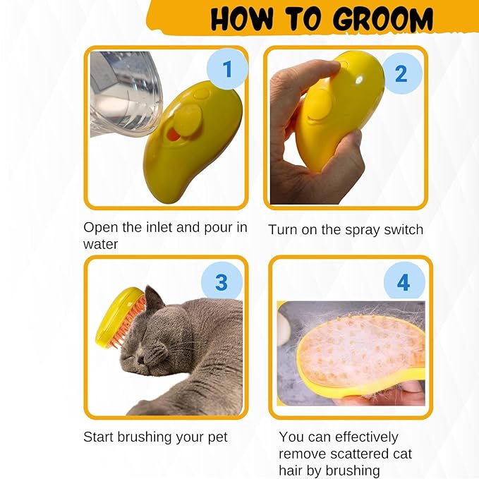 Cat Steam Brush,pet steam brush, 3 In1 Cat Grooming Tool,Cats Hair Steamer(YELLOW)