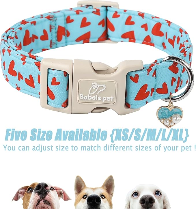 Valentine's Day Dog Collar - Cute Blue Valentines Dog Collar Girl Boy Durable Adjustable Red Heart Pattern Charm Dog Collars for Small Medium Large Dogs M