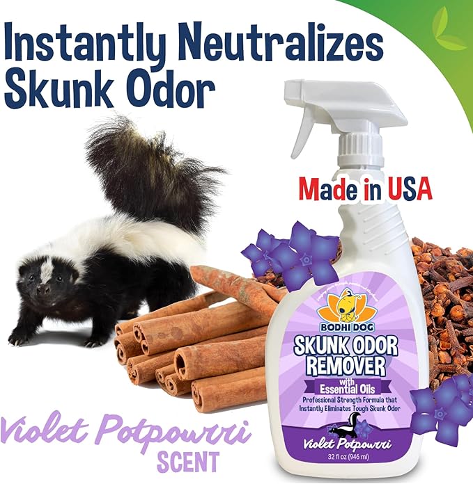 Bodhi Dog Pet Deskunk Spray Odor Eliminator- Skunk Smell Remover with Essential Oils for Dogs, Cats, Furniture, Carpet & Clothing - Safe, Non-Toxic Formula for Lasting Freshness (32 Fl Oz)