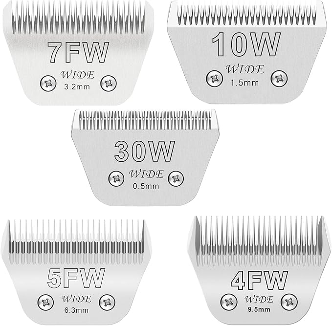 5PCS Wide Blades for Dog Grooming Blades Compatible with Andis,Oster A5,Wahl km10 Dog Clippers,Detachable Stainless Steel Dog Clipper Blades,Size:10W+30W+4FW+5FW+7FW