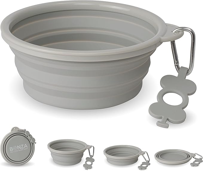 Bonza by Leash Boss Extra Large Collapsible Dog Bowl 1500 mL, Sturdy Reinforced Rim, Includes Carabiner & Water Bottle Holder Keychain, Light Gray