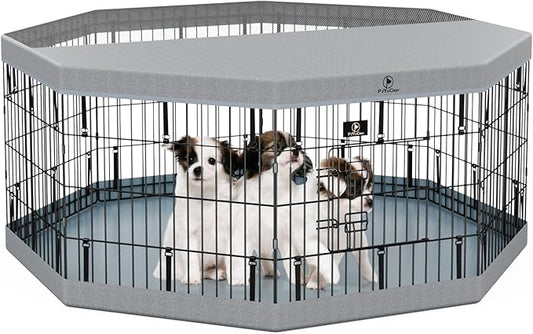 PJYuCien Puppy Playpen，8 Panels 24”H Dog Playpen with Gery Bottom Pad and Grey Top Cover，Metal Foldable Dog Exercise Pen for Indoor，Better for Small Pets