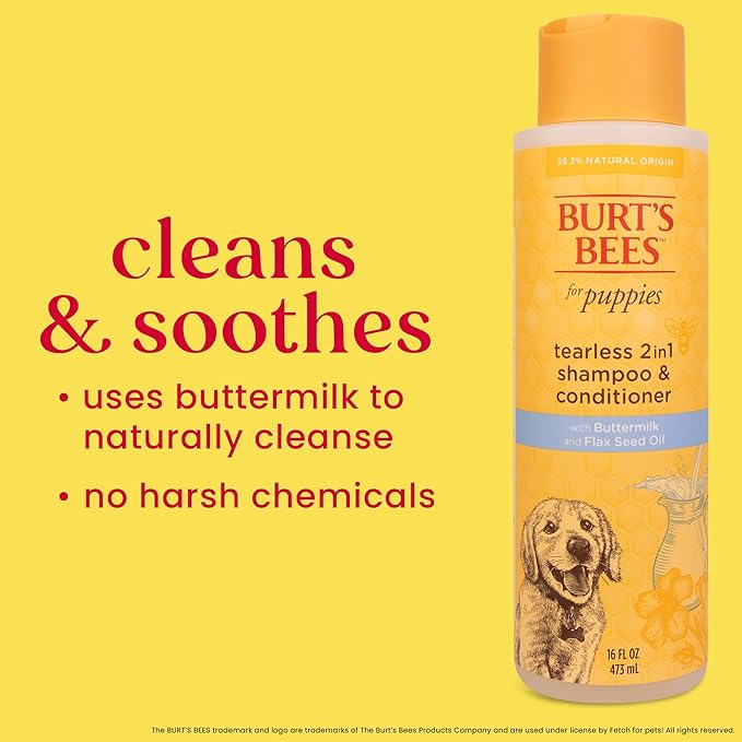 Burt's Bees for Pets Tearless Puppy 2-in-1 Shampoo and Conditioner with Buttermilk and Linseed Oil, 2pk, 95% Natural Origin Formulas, Best Gentle Shampoo for Puppies - Tear Free, 16 oz - 2 Pack