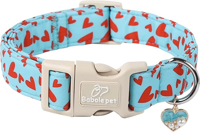 Valentine's Day Dog Collar - Cute Blue Valentines Dog Collar Girl Boy Durable Adjustable Red Heart Pattern Charm Dog Collars for Small Medium Large Dogs XS