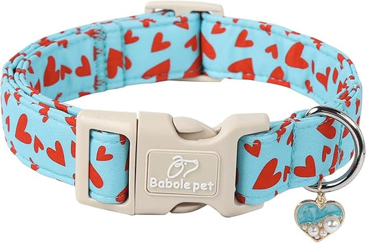 Valentine's Day Dog Collar - Cute Blue Valentines Dog Collar Girl Boy Durable Adjustable Red Heart Pattern Charm Dog Collars for Small Medium Large Dogs XS