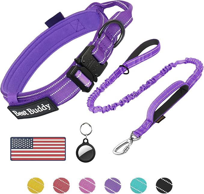 AUBELL Tactical Dog Collar and Leash Set, Adjustable Military Nylon Reflective Dog Leash and Collar with Handle and Heavy Metal Buckle for Medium Large Dogs, with Airtag Case and 2 Patches(Purple, L)