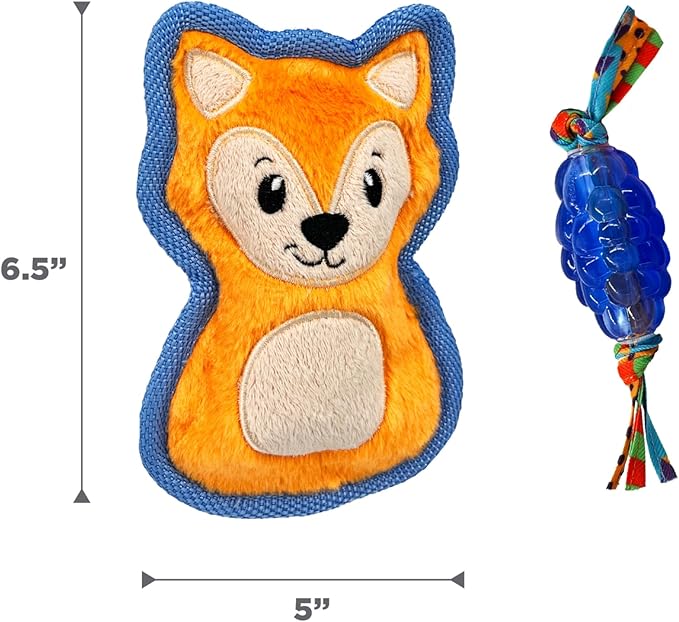 Petstages Mini Orka & Friends Fox Dog Toys 2-Pack – Dental Dog Chew Toy and Tough Plush Squeaky Dog Toy, Orange, XS