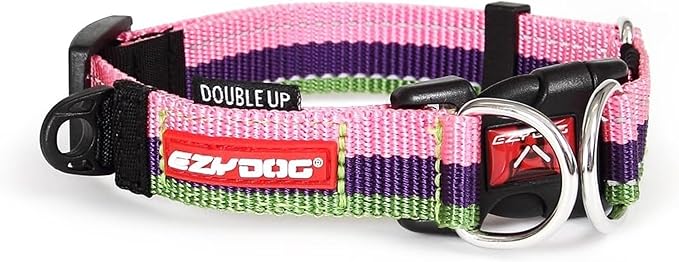 EzyDog Double Up Premium Nylon Dog Collar with Reflective Stitching - Double D-Rings for Superior Strength, Safety, and Comfortability - Non-Rusting and Includes an ID Attachment (Medium, Bubble Gum)