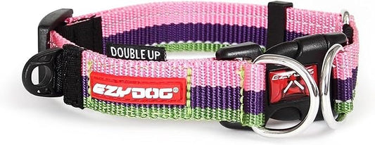 EzyDog Double Up Premium Nylon Dog Collar with Reflective Stitching - Double D-Rings for Superior Strength, Safety, and Comfortability - Non-Rusting and Includes an ID Attachment (Medium, Bubble Gum)