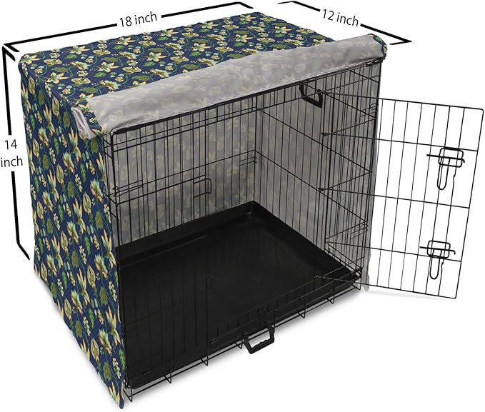 Lunarable Jacobean Dog Crate Cover, Triangles with Floral Pattern Stalks Leaves Flowers Whimsical Nature, Easy to Use Pet Kennel Cover for Small Dogs Puppies Kittens, 18 Inch, Dark Blue Green Mustard