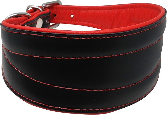 Real Leather Extra Wide Padded Tapered Dog Collar Glossy Black Greyhound Saluki Deerhound Lurcher Whippet Dachshund (8"-9.25" Neck; 1.75" Wide, Red)