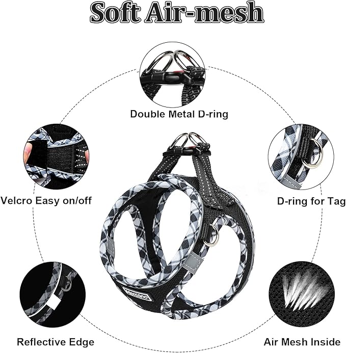 Mercano Soft Mesh Dog Harness and Leash Set, No-Chock Step-in Reflective Breathable Lightweight Easy Walk Escape Proof Vest Harnesses with Safety Buckle for Small Medium Dogs, Cats (Black White, XS)