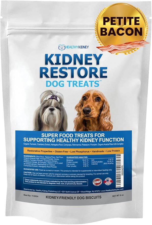 Kidney Restore Bacon Dog Treats 8oz for Petite Dogs. Low Protein Dog Treats for Kidney Support for Small Dogs. Renal Treats for Any Kidney Dog Diet.