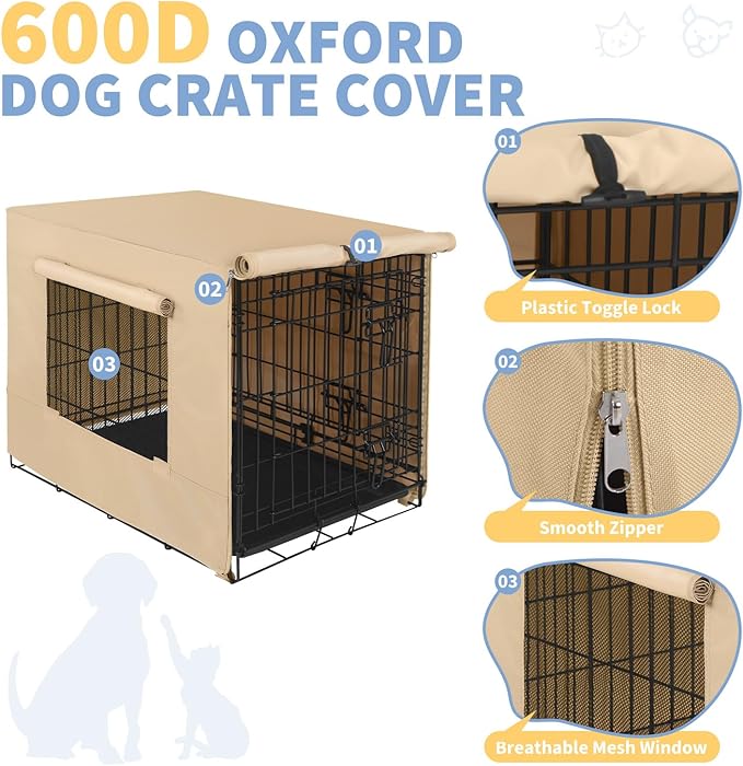 X-ZONE PET 42" Dog Crate Cover for Indoor/Outdoor - Heavy Duty Polyester Pet Kennel Cover Fits for Wire Dog Cage Beige