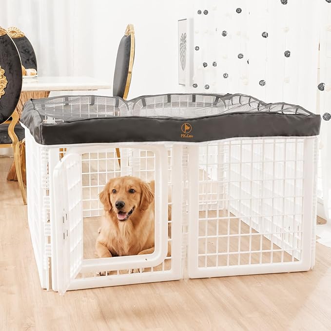PJYuCien Dog Playpen Mesh Top Cover, Fits 24 Inch 8 Panels Regular Square Plastic Exercise Pet Pen, Adhesive Tape Connections, Black (Note: Cover Only, Fence Not Included)