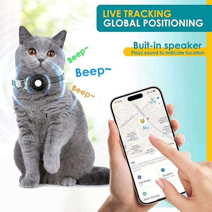 Pet Tracker for Cats,GPS Cat Tracker,Smart Pet Location Tracker with Collar and Holder,Waterproof Cat GPS Tracker Tracking Device,No Monthly Fee,Works with Apple Find My(iOS Only)-Black