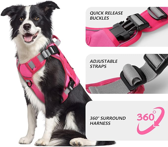 WINGOIN Pink Tactical Dog Harness Vest for Large Dogs No Pull Adjustable Reflective Military Pet Harness with Handle for Golden Retriever, Doberman Pinscher, Rottweiler, Great Dane Service Dog (XL)