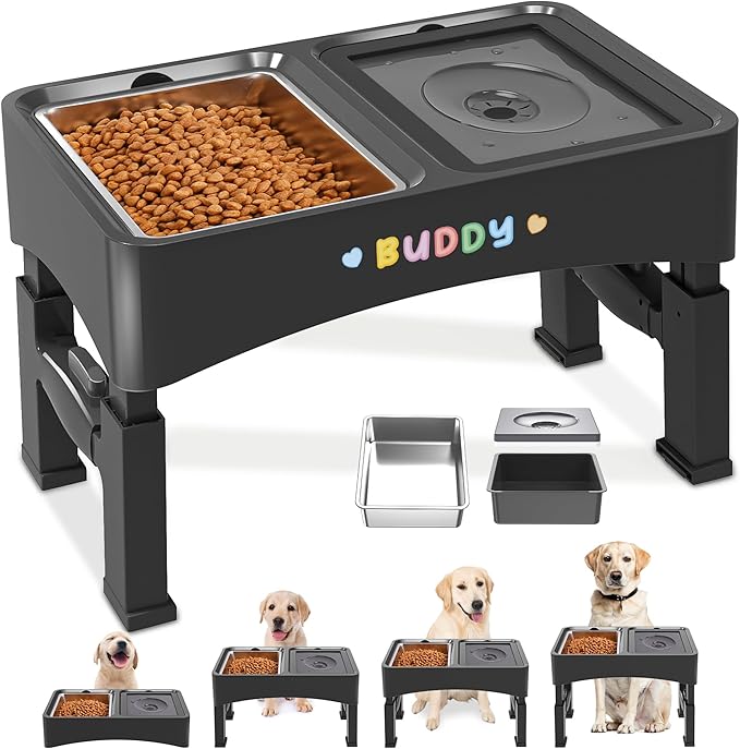 Decflow 2-in-1 Elevated Dog Bowls, 4 Height Adjustable Raised Dog Bowls with Stainless Steel Dog Food Bowls & No Spill Water Bowl, DIY Stickers Foldable Pet Bowl for Medium Large Dogs