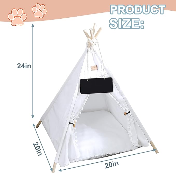 Pet Teepee, Portable Pet Tents for Small Dogs or Cats, Puppy Sweet Bed Washable Dog or Cat Houses with Cushion(White,24")