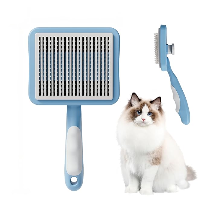 Cat Brush with One-Click Button, Cat Brushes for Indoor Cats Shedding，Self Cleaning Slicker Cat Brush for Shedding Massaging Grooming, Suitable for Long Short Haired Pets, Comfortable/Easy to Clean