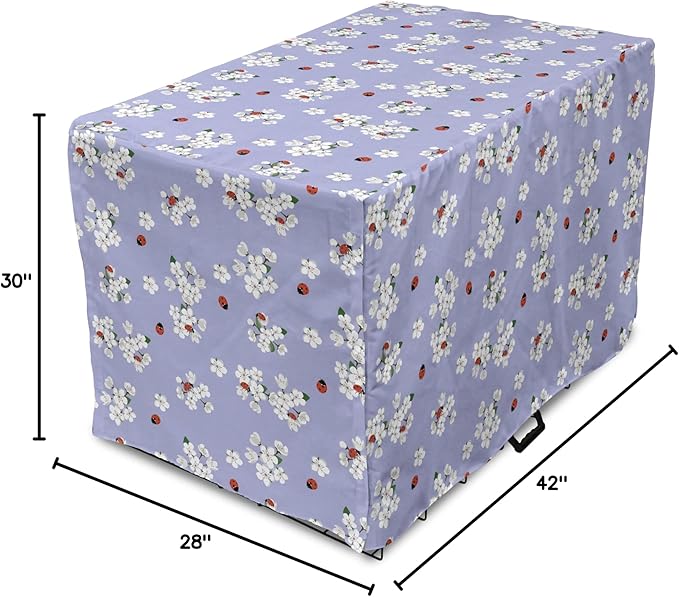 Ambesonne Floral Dog Crate Cover, Japanese Flowers Sakura Blossoms and Ladybugs on Soft Toned Background, Easy to Use Pet Kennel Cover for Medium Large Dogs, 42 Inch, Pale Ceil Blue White
