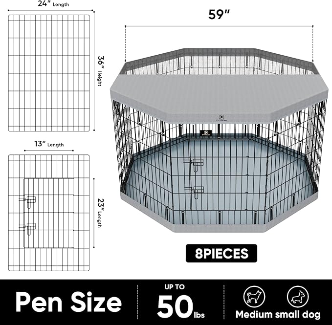 PJYuCien Puppy Playpen，8 Panels 36”H Dog Playpen with Gery Bottom Pad and Grey Top Cover，Metal Foldable Dog Exercise Pen for Indoor，Better for Small Pets,Grey
