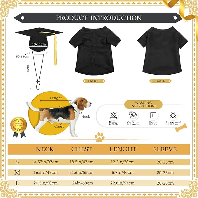 Xuniea 2 Pcs Dog Graduation Costume Set 2025 Dog Graduation Cap and Gown Puppy Hat with Tassel Matte Pet Grad Outfit Cats Grad Bear Holiday Party Costume Accessory(Black,Medium)